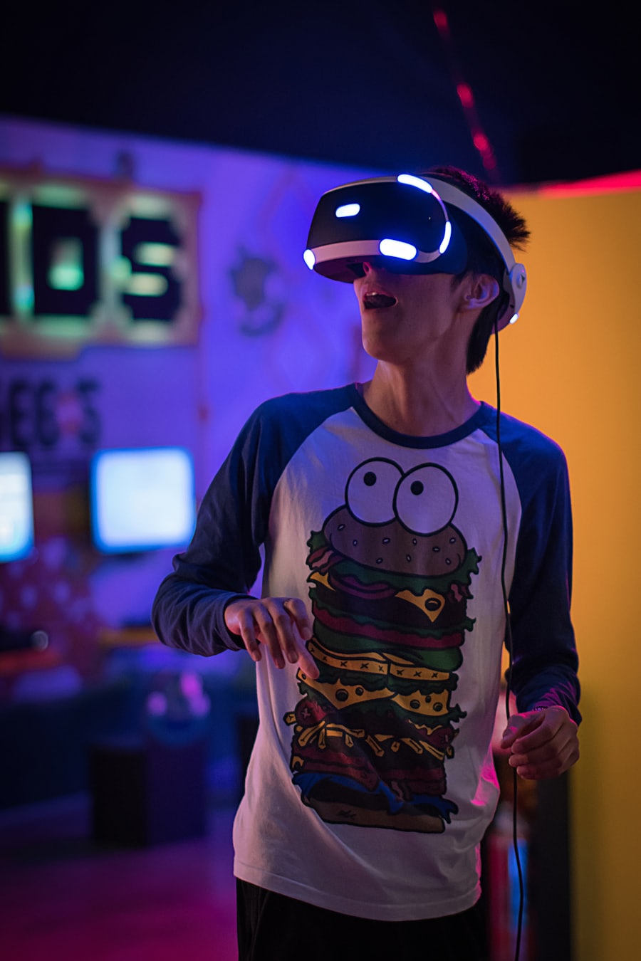 A young player mid-session in the neon-lit playtest room